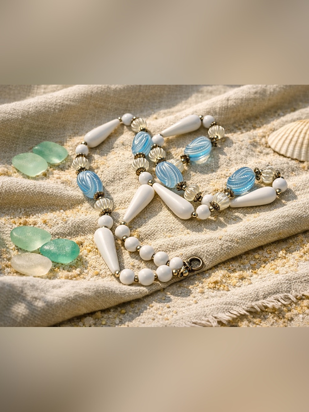 Vintage Beach-Ready White & Light Blue Beaded Necklace